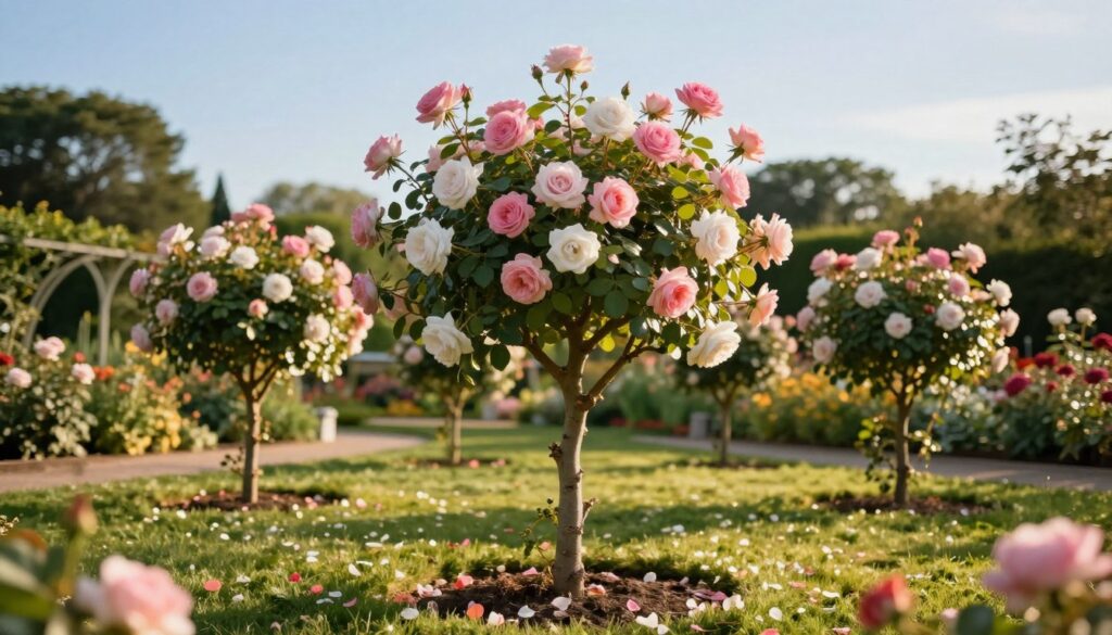 A beautiful garden scene showcasing a blooming standard rose tree (róża pniu) at the center, with delicate pink and white flowers bursting from the top of a sturdy trunk. The foreground features lush green grass dotted with colorful flower petals. In the middle ground, several standard roses can be seen, elegantly pruned and arranged in neat rows, with leaves shimmering in the warm, golden sunlight. The background is filled with soft-focus greenery, hinting at other garden elements like trellises and flower beds, under a clear blue sky. The sunlight casts gentle shadows, creating a serene and inviting atmosphere. The image captures the beauty of these unique rose plants, emphasizing their elegance and charm in a well-maintained garden setting. A beautiful garden scene showcasing a blooming standard rose tree (róża pniu) at the center, with delicate pink and white flowers bursting from the top of a sturdy trunk. The foreground features lush green grass dotted with colorful flower petals. In the middle ground, several standard roses can be seen, elegantly pruned and arranged in neat rows, with leaves shimmering in the warm, golden sunlight. The background is filled with soft-focus greenery, hinting at other garden elements like trellises and flower beds, under a clear blue sky. The sunlight casts gentle shadows, creating a serene and inviting atmosphere. The image captures the beauty of these unique rose plants, emphasizing their elegance and charm in a well-maintained garden setting.