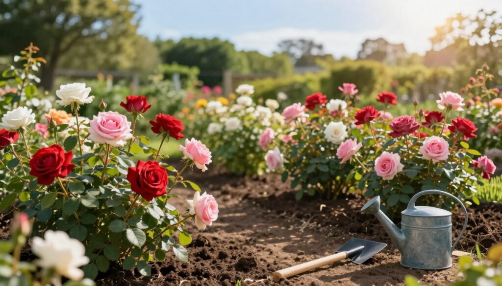 A beautiful garden scene showcasing an ideal planting site for roses. In the foreground, vibrant, blooming roses in various shades of red, pink, and white, with lush green foliage surrounding them. The middle ground features a well-prepared garden bed with rich soil, allowing for proper drainage and sunlight, highlighted by a few care tools like a spade and watering can placed nearby. In the background, a softly blurred garden landscape with sunlight filtering through gentle trees and a clear blue sky, creating a serene and inviting atmosphere. The lighting is warm and natural, suggesting a late afternoon glow, enhancing the vivid colors of the roses. The overall mood is peaceful and nurturing, perfect for cultivating beautiful blooms. A beautiful garden scene showcasing an ideal planting site for roses. In the foreground, vibrant, blooming roses in various shades of red, pink, and white, with lush green foliage surrounding them. The middle ground features a well-prepared garden bed with rich soil, allowing for proper drainage and sunlight, highlighted by a few care tools like a spade and watering can placed nearby. In the background, a softly blurred garden landscape with sunlight filtering through gentle trees and a clear blue sky, creating a serene and inviting atmosphere. The lighting is warm and natural, suggesting a late afternoon glow, enhancing the vivid colors of the roses. The overall mood is peaceful and nurturing, perfect for cultivating beautiful blooms.