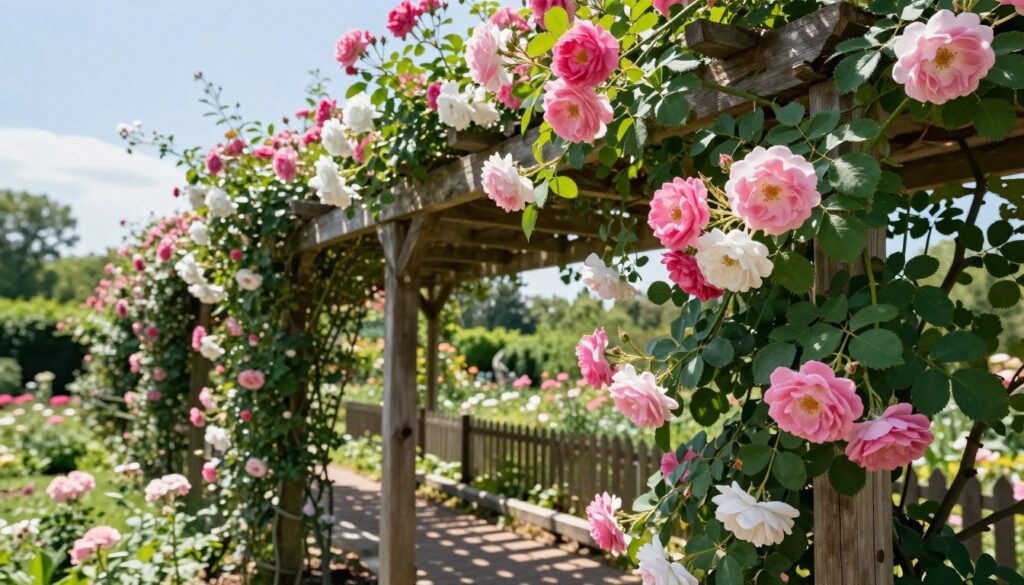 A beautiful scene depicting climbing roses cascading elegantly along a rustic wooden pergola. The foreground features vibrant pink and white blossoms, their petals lush and velvety, intertwined with green foliage. In the middle ground, the pergola is constructed from weathered wood, casting gentle shadows on the ground. Soft sunlight filters through the leaves, creating dappled light effects. The background showcases a tranquil garden with blooming flowers and a low picket fence, adding depth to the scene. The atmosphere is serene, evoking a peaceful summer day, inviting viewers to imagine the joy of gardening. The angle is slightly low, enhancing the dramatic effect of the climbing roses against the sky. A beautiful scene depicting climbing roses cascading elegantly along a rustic wooden pergola. The foreground features vibrant pink and white blossoms, their petals lush and velvety, intertwined with green foliage. In the middle ground, the pergola is constructed from weathered wood, casting gentle shadows on the ground. Soft sunlight filters through the leaves, creating dappled light effects. The background showcases a tranquil garden with blooming flowers and a low picket fence, adding depth to the scene. The atmosphere is serene, evoking a peaceful summer day, inviting viewers to imagine the joy of gardening. The angle is slightly low, enhancing the dramatic effect of the climbing roses against the sky.