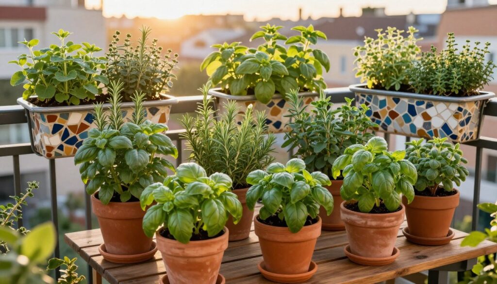 A beautifully arranged balcony garden brimming with various herbs like basil, rosemary, and thyme. In the foreground, a wooden table showcases terracotta pots filled with vibrant green plants, their textures and colors richly contrasting. The middle ground features a mosaic-patterned railing adorned with hanging planters overflowing with fresh herbs, creating a cheerful atmosphere. In the background, a sun-drenched cityscape fades softly, the warm golden light of the late afternoon sun casting gentle shadows on the plants. The scene evokes a sense of tranquility and harmony, inviting viewers to imagine the joys of urban gardening. The composition should be captured from a slightly elevated angle, emphasizing the lushness and creativity of the space, with a focus on the diverse herb varieties.