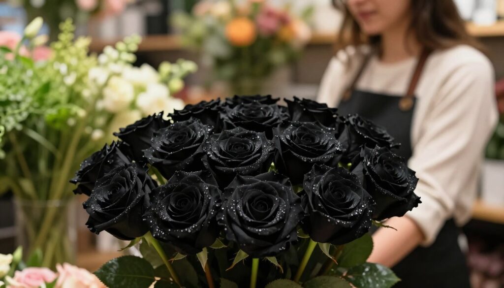A beautifully arranged bouquet of black roses is the focal point of the image, set against a soft, blurred background of a floral shop. In the foreground, delicate petals glisten with dew, showcasing their rich, velvety texture. The middle ground features subtle hints of various greens and supporting flowers, adding depth to the arrangement. The lighting is warm and inviting, creating a romantic atmosphere, while soft shadows enhance the details of the roses. A professional florist can be seen in the background, carefully inspecting another bouquet, dressed in smart casual attire. The composition is shot from a slight angle to evoke curiosity, highlighting the elegance of the black roses and emphasizing the choices to consider when selecting a bouquet. A beautifully arranged bouquet of black roses is the focal point of the image, set against a soft, blurred background of a floral shop. In the foreground, delicate petals glisten with dew, showcasing their rich, velvety texture. The middle ground features subtle hints of various greens and supporting flowers, adding depth to the arrangement. The lighting is warm and inviting, creating a romantic atmosphere, while soft shadows enhance the details of the roses. A professional florist can be seen in the background, carefully inspecting another bouquet, dressed in smart casual attire. The composition is shot from a slight angle to evoke curiosity, highlighting the elegance of the black roses and emphasizing the choices to consider when selecting a bouquet.