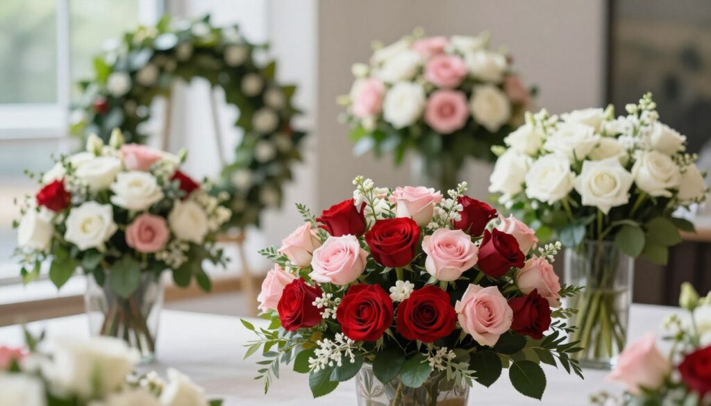 A beautifully arranged floral composition featuring various types of roses, including deep red, soft pink, and pure white varieties, symbolizing love, admiration, and purity. The foreground displays a vibrant bouquet with lush greenery and delicate filler flowers, artfully arranged in a classic, elegant vase. In the middle ground, include additional floral arrangements with different styles, such as a wreath and a standing spray, showcasing the versatility of floral design for different occasions. The background is softly blurred, highlighting a serene setting with natural light streaming in, creating an atmosphere of reflection and respect. The image should evoke a mood of tranquility and beauty, perfect for illustrating the significance of flower choices in commemorative events. A beautifully arranged floral composition featuring various types of roses, including deep red, soft pink, and pure white varieties, symbolizing love, admiration, and purity. The foreground displays a vibrant bouquet with lush greenery and delicate filler flowers, artfully arranged in a classic, elegant vase. In the middle ground, include additional floral arrangements with different styles, such as a wreath and a standing spray, showcasing the versatility of floral design for different occasions. The background is softly blurred, highlighting a serene setting with natural light streaming in, creating an atmosphere of reflection and respect. The image should evoke a mood of tranquility and beauty, perfect for illustrating the significance of flower choices in commemorative events.