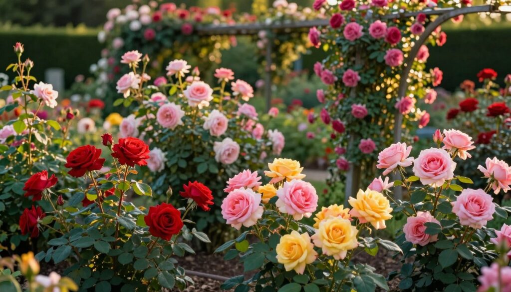 A beautifully arranged flower garden featuring a variety of rose varieties in full bloom, showcasing their vibrant colors and unique petal shapes. In the foreground, several clusters of hybrid tea roses with velvety petals in shades of red, pink, and yellow are highlighted, surrounded by lush green foliage. In the middle ground, a mix of floribunda and climbing roses adds depth, with their cascading blooms and graceful arching stems. The background features a soft-focus garden trellis adorned with climbing roses, bathed in warm, golden-hour sunlight that casts gentle shadows, enhancing the serene atmosphere. The composition is balanced and inviting, capturing the essence of a flourishing rose garden. A beautifully arranged flower garden featuring a variety of rose varieties in full bloom, showcasing their vibrant colors and unique petal shapes. In the foreground, several clusters of hybrid tea roses with velvety petals in shades of red, pink, and yellow are highlighted, surrounded by lush green foliage. In the middle ground, a mix of floribunda and climbing roses adds depth, with their cascading blooms and graceful arching stems. The background features a soft-focus garden trellis adorned with climbing roses, bathed in warm, golden-hour sunlight that casts gentle shadows, enhancing the serene atmosphere. The composition is balanced and inviting, capturing the essence of a flourishing rose garden.