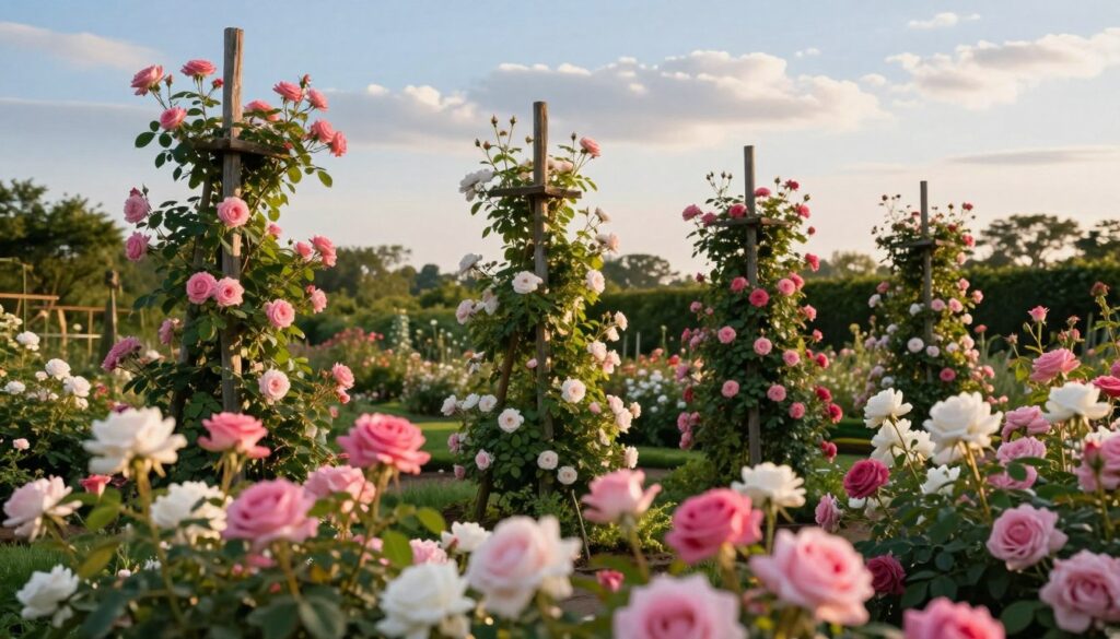 A beautifully arranged garden scene showcasing climbing roses (róże pnące) thriving on robust wooden supports. In the foreground, vibrant clusters of pink and white blossoms create a lush and inviting display. The middle ground features various heights of trellises, elegantly adorned with the climbing roses, their green foliage intertwining harmoniously. In the background, a soft-focus view of a blue sky with wispy clouds provides a tranquil ambiance. The lighting is warm and golden, suggesting late afternoon, highlighting the delicate petals and rich colors of the roses. The atmosphere is serene and nurturing, capturing the essence of a well-tended garden. This composition emphasizes gardening techniques for training climbing roses effectively.