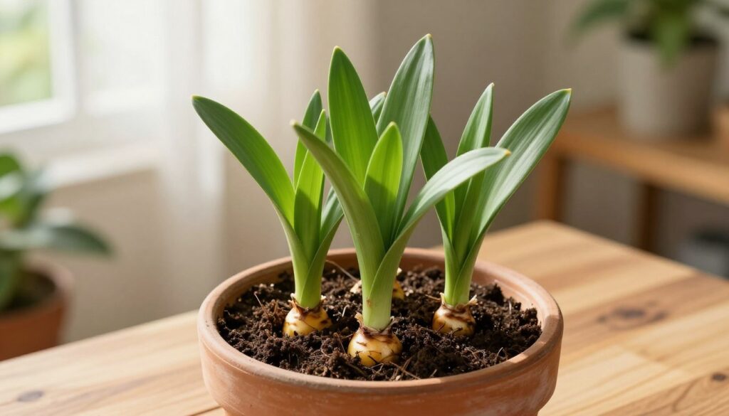 A beautifully arranged potted turmeric plant, showcasing vibrant green leaves emerging from rich, dark soil, with a few small, golden turmeric rhizomes visible at the base. In the foreground, place the pot on a natural wooden table, which enhances the earthy feel. The background features a soft-focus indoor garden setting, with sunlight filtering through sheer curtains, creating a warm and inviting atmosphere. Use natural lighting to emphasize the lushness of the leaves and the texture of the soil, captured from a slightly elevated angle to allow for visibility of both the plant and the pot’s details. The scene conveys tranquility and the joy of gardening, focusing specifically on the process of cultivating turmeric in a pot. A beautifully arranged potted turmeric plant, showcasing vibrant green leaves emerging from rich, dark soil, with a few small, golden turmeric rhizomes visible at the base. In the foreground, place the pot on a natural wooden table, which enhances the earthy feel. The background features a soft-focus indoor garden setting, with sunlight filtering through sheer curtains, creating a warm and inviting atmosphere. Use natural lighting to emphasize the lushness of the leaves and the texture of the soil, captured from a slightly elevated angle to allow for visibility of both the plant and the pot’s details. The scene conveys tranquility and the joy of gardening, focusing specifically on the process of cultivating turmeric in a pot.