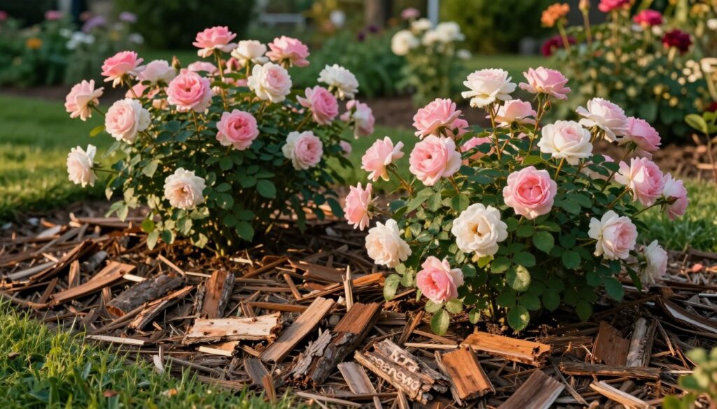 A beautifully arranged scene featuring a layer of pine bark mulch, "kora sosnowa," spread around vibrant rose bushes in full bloom. The foreground showcases rich, textured pieces of pine bark in varying shapes and sizes, providing a natural contrast against the soft pink and white petals of the roses. In the middle ground, clusters of lush green leaves enhance the vibrancy of the flowers. The background consists of a blurred garden setting, with hints of other plants and flowers, suggesting a peaceful outdoor ambiance. The lighting is warm and inviting, as if captured during the golden hour, casting gentle shadows. The atmosphere is serene, evoking a sense of tranquility and harmony in this garden oasis. A beautifully arranged scene featuring a layer of pine bark mulch, "kora sosnowa," spread around vibrant rose bushes in full bloom. The foreground showcases rich, textured pieces of pine bark in varying shapes and sizes, providing a natural contrast against the soft pink and white petals of the roses. In the middle ground, clusters of lush green leaves enhance the vibrancy of the flowers. The background consists of a blurred garden setting, with hints of other plants and flowers, suggesting a peaceful outdoor ambiance. The lighting is warm and inviting, as if captured during the golden hour, casting gentle shadows. The atmosphere is serene, evoking a sense of tranquility and harmony in this garden oasis.
