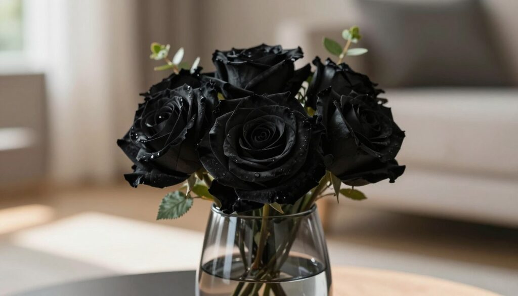 A beautifully arranged stabilized black rose in a sleek, modern vase sits as the focal point in the foreground, showcasing its velvety petals with rich, deep hues and a slight sheen. The vase, made of clear glass, reveals subtle reflections from soft, natural light that spills in from the left, creating gentle highlights and shadows. In the middle ground, a hint of greenery complements the rose, adding a touch of freshness with delicate leaves. The background features a softly blurred interior space that suggests tranquility and sophistication, with warm, muted colors that enhance the atmosphere. The overall mood is serene and elegant, inviting the viewer to appreciate the beauty and care involved in maintaining preserved flowers. A beautifully arranged stabilized black rose in a sleek, modern vase sits as the focal point in the foreground, showcasing its velvety petals with rich, deep hues and a slight sheen. The vase, made of clear glass, reveals subtle reflections from soft, natural light that spills in from the left, creating gentle highlights and shadows. In the middle ground, a hint of greenery complements the rose, adding a touch of freshness with delicate leaves. The background features a softly blurred interior space that suggests tranquility and sophistication, with warm, muted colors that enhance the atmosphere. The overall mood is serene and elegant, inviting the viewer to appreciate the beauty and care involved in maintaining preserved flowers.