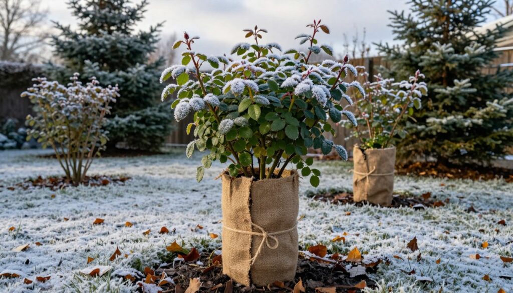 A beautifully arranged winter garden scene featuring a trunk rose bush, strategically wrapped with protective burlap and twine to shield it from cold and wind. In the foreground, the expertly secured rose trunk stands resilient, surrounded by frost-kissed, vibrant green leaves. The middle ground displays a dusting of snow and fallen leaves that enhance the winter atmosphere. In the background, evergreen shrubs and a faint, cloudy sky create a serene winter mood. Soft, natural lighting gently illuminates the scene, casting delicate shadows that convey a sense of warmth amidst the chilly environment. The angle captures the rose at eye level, inviting viewers into the peaceful and protective embrace of the garden. A beautifully arranged winter garden scene featuring a trunk rose bush, strategically wrapped with protective burlap and twine to shield it from cold and wind. In the foreground, the expertly secured rose trunk stands resilient, surrounded by frost-kissed, vibrant green leaves. The middle ground displays a dusting of snow and fallen leaves that enhance the winter atmosphere. In the background, evergreen shrubs and a faint, cloudy sky create a serene winter mood. Soft, natural lighting gently illuminates the scene, casting delicate shadows that convey a sense of warmth amidst the chilly environment. The angle captures the rose at eye level, inviting viewers into the peaceful and protective embrace of the garden.