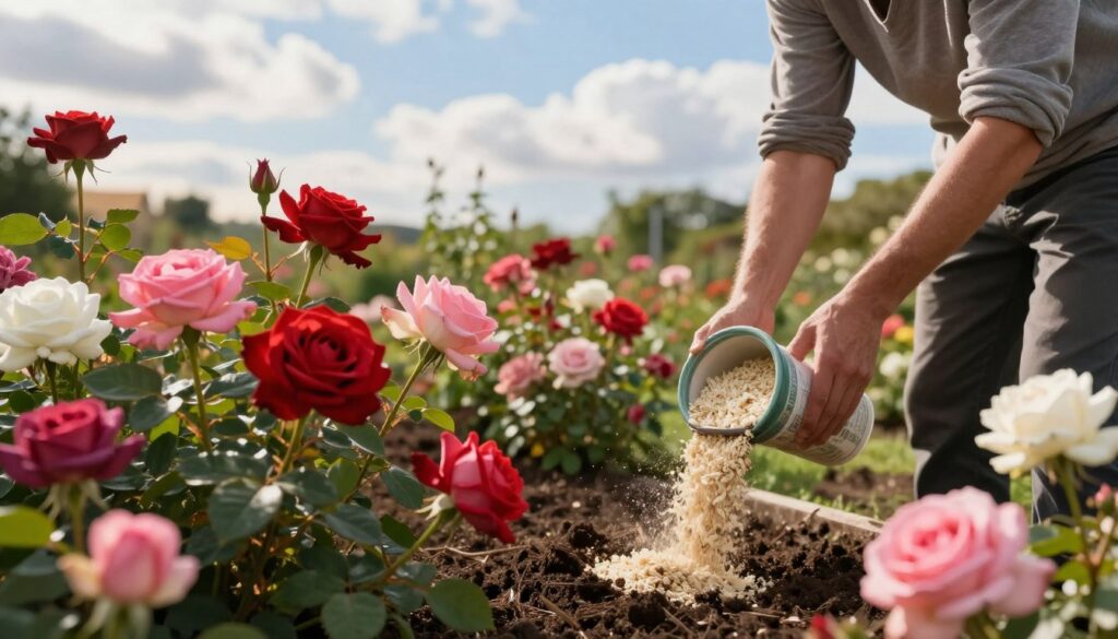 A beautifully composed garden scene showcasing an array of vibrant roses in full bloom during optimal fertilization timings. In the foreground, fresh, lush roses in varying hues of red, pink, and white flourish in well-prepared soil, surrounded by green, healthy leaves. The middle ground features a gardener gently applying organic nettle compost to the soil, dressed in modest casual clothing, exemplifying safe gardening practices. In the background, a soft blue sky is dotted with fluffy white clouds, while warm golden sunlight filters through, casting a gentle glow on the entire scene. The atmosphere is serene and inviting, emphasizing the nurturing aspect of gardening. The image captures the essence of caring for roses, highlighting both the beauty of the flowers and the importance of optimal fertilization timing. A beautifully composed garden scene showcasing an array of vibrant roses in full bloom during optimal fertilization timings. In the foreground, fresh, lush roses in varying hues of red, pink, and white flourish in well-prepared soil, surrounded by green, healthy leaves. The middle ground features a gardener gently applying organic nettle compost to the soil, dressed in modest casual clothing, exemplifying safe gardening practices. In the background, a soft blue sky is dotted with fluffy white clouds, while warm golden sunlight filters through, casting a gentle glow on the entire scene. The atmosphere is serene and inviting, emphasizing the nurturing aspect of gardening. The image captures the essence of caring for roses, highlighting both the beauty of the flowers and the importance of optimal fertilization timing.