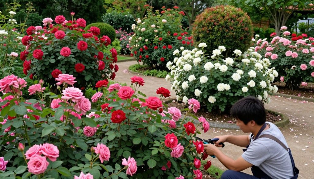 A beautifully landscaped garden featuring well-shaped shrub roses in full bloom, showcasing a variety of colors such as vibrant pinks, deep reds, and creamy whites. In the foreground, a gardener in professional attire carefully prunes the rose bushes with precision shears, surrounded by lush green leaves. The middle ground displays various park roses artistically arranged in neat, rounded forms, emphasizing their bushy structure. Soft, natural light filters through the leaves, enhancing the vivid hues of the flowers. In the background, a serene pathway winds through the garden, dotted with scattered petals, inviting viewers into this tranquil space. The atmosphere is calm and industrious, capturing the essence of spring gardening and rose maintenance. A beautifully landscaped garden featuring well-shaped shrub roses in full bloom, showcasing a variety of colors such as vibrant pinks, deep reds, and creamy whites. In the foreground, a gardener in professional attire carefully prunes the rose bushes with precision shears, surrounded by lush green leaves. The middle ground displays various park roses artistically arranged in neat, rounded forms, emphasizing their bushy structure. Soft, natural light filters through the leaves, enhancing the vivid hues of the flowers. In the background, a serene pathway winds through the garden, dotted with scattered petals, inviting viewers into this tranquil space. The atmosphere is calm and industrious, capturing the essence of spring gardening and rose maintenance.