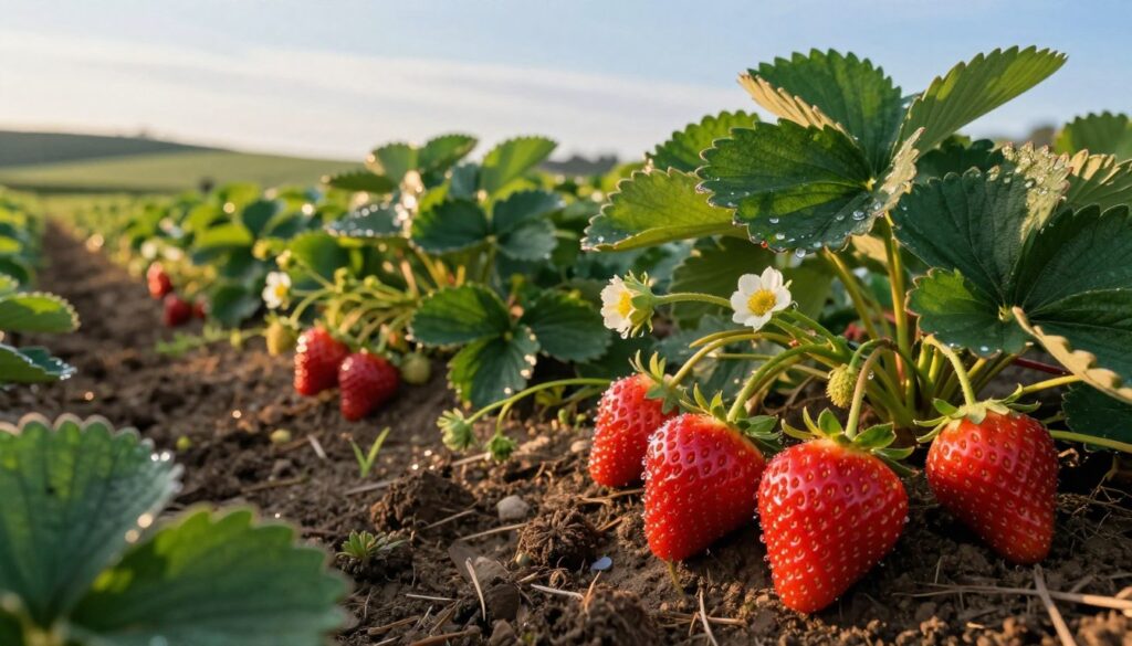 A bountiful field of bright red Polish strawberries ripe for harvest, with some strawberries showcasing their vivid green leaves. In the foreground, focus on a cluster of strawberries resting on rich, dark soil, glistening with morning dew, highlighting their freshness. In the middle ground, lush green plants filled with strawberries in various stages of ripeness, some just beginning to blossom, while others are fully developed, illustrating the difference between early and mid-summer fruit. In the background, gentle rolling hills under a soft blue sky, with the warm, golden light of a late afternoon sun casting a warm glow over the scene. The atmosphere is serene and inviting, capturing the essence of strawberry season in Poland. A bountiful field of bright red Polish strawberries ripe for harvest, with some strawberries showcasing their vivid green leaves. In the foreground, focus on a cluster of strawberries resting on rich, dark soil, glistening with morning dew, highlighting their freshness. In the middle ground, lush green plants filled with strawberries in various stages of ripeness, some just beginning to blossom, while others are fully developed, illustrating the difference between early and mid-summer fruit. In the background, gentle rolling hills under a soft blue sky, with the warm, golden light of a late afternoon sun casting a warm glow over the scene. The atmosphere is serene and inviting, capturing the essence of strawberry season in Poland.