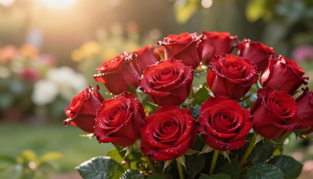 A bouquet of vibrant red roses prominently displayed in the foreground, each petal glistening with morning dew, symbolizing deep emotions. The roses are rich in detail, showcasing their velvety texture and lush green leaves. In the middle ground, a softly blurred arrangement of additional flowers adds depth, enhancing the bouquet’s romantic feel. The background features a gentle, out-of-focus garden scene bathed in warm, golden sunlight, creating a serene atmosphere. The lighting is soft and diffused, casting a warm glow that highlights the roses. The composition is shot at a slight angle, emphasizing the lushness and beauty of the bouquet, evoking feelings of love and passion. The image is free of any text or branding. A bouquet of vibrant red roses prominently displayed in the foreground, each petal glistening with morning dew, symbolizing deep emotions. The roses are rich in detail, showcasing their velvety texture and lush green leaves. In the middle ground, a softly blurred arrangement of additional flowers adds depth, enhancing the bouquet’s romantic feel. The background features a gentle, out-of-focus garden scene bathed in warm, golden sunlight, creating a serene atmosphere. The lighting is soft and diffused, casting a warm glow that highlights the roses. The composition is shot at a slight angle, emphasizing the lushness and beauty of the bouquet, evoking feelings of love and passion. The image is free of any text or branding.