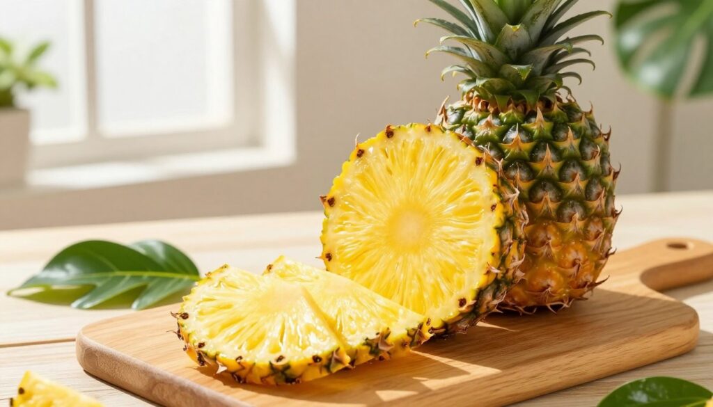 A bright and fresh pineapple, cut in half to reveal its vibrant yellow flesh, sits elegantly on a wooden cutting board. Surrounding the pineapple are neatly arranged slices, showcasing its juicy texture and inviting aroma. In the background, soft natural light streams through a nearby window, highlighting the pineapple’s spiky green crown and the rich grain of the wood. A few tropical leaves are artfully placed around the cutting board, adding to the fresh, summery atmosphere. The image captures the essence of freshness and culinary preparation, emphasizing the appeal of enjoying a perfectly ripe pineapple. The overall mood is bright, cheerful, and inviting, encouraging viewers to appreciate the fruit's natural beauty and how to properly handle it. A bright and fresh pineapple, cut in half to reveal its vibrant yellow flesh, sits elegantly on a wooden cutting board. Surrounding the pineapple are neatly arranged slices, showcasing its juicy texture and inviting aroma. In the background, soft natural light streams through a nearby window, highlighting the pineapple’s spiky green crown and the rich grain of the wood. A few tropical leaves are artfully placed around the cutting board, adding to the fresh, summery atmosphere. The image captures the essence of freshness and culinary preparation, emphasizing the appeal of enjoying a perfectly ripe pineapple. The overall mood is bright, cheerful, and inviting, encouraging viewers to appreciate the fruit's natural beauty and how to properly handle it.