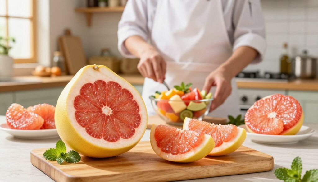 A bright, well-lit kitchen scene focused on the culinary uses of pomelo. In the foreground, a large, halved pomelo rests on a wooden cutting board, its juicy, vibrant flesh glistening under soft natural light. Surrounding it are a few slices and a small bowl of pomelo segments, artistically arranged with fresh mint leaves for contrast. In the middle background, a chef, dressed in a crisp white apron and casual but neat attire, is seen preparing a colorful fruit salad that includes pomelo. The background features rustic kitchen elements like shelves lined with spices and a window letting in warm sunlight, creating a cheerful and inviting atmosphere. The overall mood is fresh and culinary-focused, perfect for illustrating practical uses of pomelo in cooking. A bright, well-lit kitchen scene focused on the culinary uses of pomelo. In the foreground, a large, halved pomelo rests on a wooden cutting board, its juicy, vibrant flesh glistening under soft natural light. Surrounding it are a few slices and a small bowl of pomelo segments, artistically arranged with fresh mint leaves for contrast. In the middle background, a chef, dressed in a crisp white apron and casual but neat attire, is seen preparing a colorful fruit salad that includes pomelo. The background features rustic kitchen elements like shelves lined with spices and a window letting in warm sunlight, creating a cheerful and inviting atmosphere. The overall mood is fresh and culinary-focused, perfect for illustrating practical uses of pomelo in cooking.