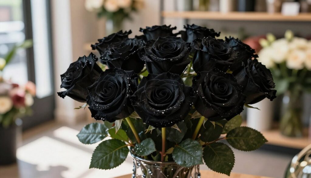 A close-up arrangement of elegant black roses in a sophisticated bouquet, showcasing their velvety petals and rich, dark hues. The foreground highlights the intricate details of the flower textures and the delicate, dew-kissed leaves. In the middle ground, a beautifully crafted glass vase adorned with subtle embellishments holds the bouquet, while a soft, natural light streams in from the left, casting gentle shadows that enhance the roses' depth. The background features a blurred, softly lit flower shop interior with shelves filled with various flowers, creating an inviting and warm atmosphere. The overall mood should convey a sense of elegance and discretion, ideal for an article focusing on where to buy black roses and choosing a trusted supplier. A close-up arrangement of elegant black roses in a sophisticated bouquet, showcasing their velvety petals and rich, dark hues. The foreground highlights the intricate details of the flower textures and the delicate, dew-kissed leaves. In the middle ground, a beautifully crafted glass vase adorned with subtle embellishments holds the bouquet, while a soft, natural light streams in from the left, casting gentle shadows that enhance the roses' depth. The background features a blurred, softly lit flower shop interior with shelves filled with various flowers, creating an inviting and warm atmosphere. The overall mood should convey a sense of elegance and discretion, ideal for an article focusing on where to buy black roses and choosing a trusted supplier.