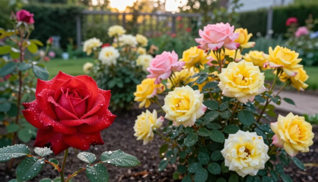 A close-up composition contrasting two types of roses: a bright hybrid tea rose with large, velvety petals in vibrant red, symbolizing classic beauty, and a cluster of cheerful floribunda roses featuring smaller blooms in a mix of yellows and pinks, representing abundance. In the foreground, detailed textures of the leaves and petals are visible, showcasing droplets of morning dew glistening in soft light. The middle ground features both rose varieties thriving in well-tended garden soil, exhibiting their different shapes and growth habits. The background includes a softly blurred trellis covered in greenery, bathed in warm afternoon sunlight, creating a serene and inviting garden atmosphere. The overall mood is vibrant and nurturing, emphasizing the key differences in appearance and care of these rose types. A close-up composition contrasting two types of roses: a bright hybrid tea rose with large, velvety petals in vibrant red, symbolizing classic beauty, and a cluster of cheerful floribunda roses featuring smaller blooms in a mix of yellows and pinks, representing abundance. In the foreground, detailed textures of the leaves and petals are visible, showcasing droplets of morning dew glistening in soft light. The middle ground features both rose varieties thriving in well-tended garden soil, exhibiting their different shapes and growth habits. The background includes a softly blurred trellis covered in greenery, bathed in warm afternoon sunlight, creating a serene and inviting garden atmosphere. The overall mood is vibrant and nurturing, emphasizing the key differences in appearance and care of these rose types.