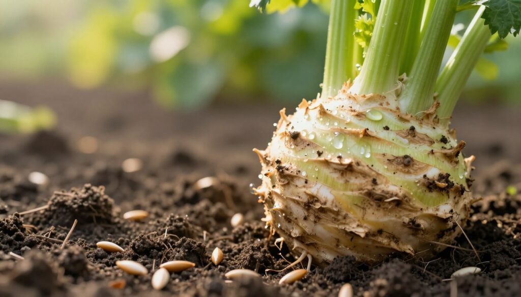 A close-up image of a fresh, vibrant celery root (seler korzeniowy) nestled in fertile soil, showcasing its bumpy texture and rich, earthy color. The foreground features glistening droplets of water on the celery root, reflecting soft sunlight, emphasizing freshness and vitality. In the middle ground, there are scattered seeds ready for planting, symbolizing the beginning of growth. The background is softly blurred, depicting a lush garden environment with hints of green leaves and blurred shadows, creating a serene, natural atmosphere. The lighting is warm and inviting, reminiscent of early morning sun, enhancing the mood of renewal and potential. Use a shallow depth of field to keep the focus on the celery root while allowing the garden ambiance to softly fill the background. A close-up image of a fresh, vibrant celery root (seler korzeniowy) nestled in fertile soil, showcasing its bumpy texture and rich, earthy color. The foreground features glistening droplets of water on the celery root, reflecting soft sunlight, emphasizing freshness and vitality. In the middle ground, there are scattered seeds ready for planting, symbolizing the beginning of growth. The background is softly blurred, depicting a lush garden environment with hints of green leaves and blurred shadows, creating a serene, natural atmosphere. The lighting is warm and inviting, reminiscent of early morning sun, enhancing the mood of renewal and potential. Use a shallow depth of field to keep the focus on the celery root while allowing the garden ambiance to softly fill the background.