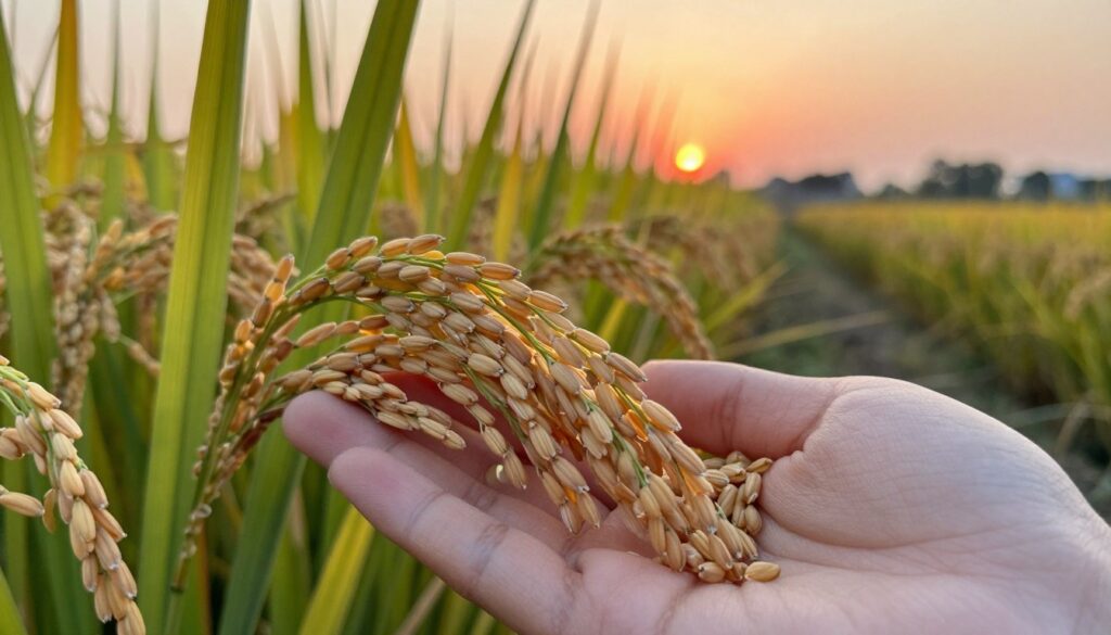 A close-up image of golden rice grains in their natural setting, showcasing the intricate details of the husk and grains. In the foreground, a handful of freshly harvested rice, glistening in the sunlight, revealing the textures and natural colors. The middle ground features lush green rice plants swaying gently, their slender stalks forming a vibrant contrast against the grains. In the background, a panoramic view of traditional rice paddies at sunset, with warm orange and pink hues illuminating the sky. The lighting is soft and inviting, creating a serene atmosphere. The composition captures the essence of rice cultivation, inviting viewers to explore the origins of this essential grain. The shot is taken with a shallow depth of field, focusing on the rice in the foreground while gently blurring the background, enhancing the visual impact.