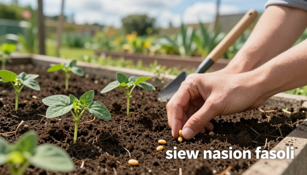 A close-up image of "siew nasion fasoli" showing the precise process of sowing bean seeds in rich, dark soil. In the foreground, a pair of hands gently placing seeds into the earth, with a few seeds scattered nearby for realism, showcasing the texture of the soil and plants. The middle ground captures a well-tended garden bed with young green bean seedlings sprouting up, their vibrant leaves contrasting against the dark soil. In the background, a sunny day with soft, diffused natural lighting filtering through light clouds, illuminating a charming garden scene with a wooden garden tool resting on the side. The mood is bright and hopeful, emphasizing the start of new growth and the joys of gardening. A close-up image of "siew nasion fasoli" showing the precise process of sowing bean seeds in rich, dark soil. In the foreground, a pair of hands gently placing seeds into the earth, with a few seeds scattered nearby for realism, showcasing the texture of the soil and plants. The middle ground captures a well-tended garden bed with young green bean seedlings sprouting up, their vibrant leaves contrasting against the dark soil. In the background, a sunny day with soft, diffused natural lighting filtering through light clouds, illuminating a charming garden scene with a wooden garden tool resting on the side. The mood is bright and hopeful, emphasizing the start of new growth and the joys of gardening.