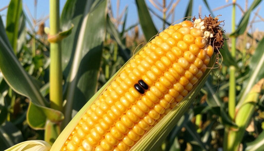 A close-up of a corn ear highlighting a distinct black spot on one of the kernels, showcasing the maturity indicators of corn plants. In the foreground, focus on the glossy texture of the corn kernels with the black spot clearly visible, emphasizing their ripeness and readiness for cooking. The middle ground features lush green corn leaves, catching sunlight to create a vibrant contrast against the golden hue of the mature corn. In the background, a sunny field stretches into a clear blue sky, evoking a warm, inviting atmosphere of harvest season. The lighting is bright and natural, with a sharp focus on the corn ear, capturing the intricate details and colors, making the image lively and engaging.