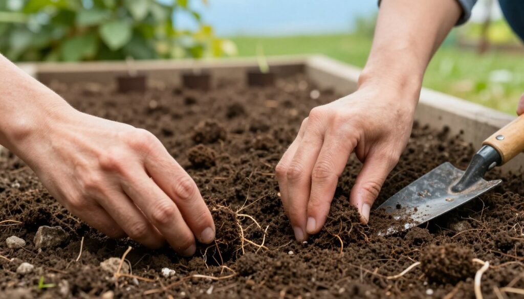 A close-up of a gardener's hands preparing soil for rose planting, showcasing rich, dark earth with visible roots and small rocks, emphasizing texture. In the foreground, the fingers are gently breaking apart clumps of soil, while a small trowel rests beside them. The middle layer features a well-structured planting area, with freshly turned soil shaped into rows ready for young rose seedlings. The background includes blurred vibrant green foliage and a clear blue sky, suggesting an idyllic garden setting. Soft, natural lighting highlights the sheen of moisture in the soil, conveying a mood of nurturing and care. The scene captures the essence of careful preparation for planting roses, creating a wholesome and inviting atmosphere. A close-up of a gardener's hands preparing soil for rose planting, showcasing rich, dark earth with visible roots and small rocks, emphasizing texture. In the foreground, the fingers are gently breaking apart clumps of soil, while a small trowel rests beside them. The middle layer features a well-structured planting area, with freshly turned soil shaped into rows ready for young rose seedlings. The background includes blurred vibrant green foliage and a clear blue sky, suggesting an idyllic garden setting. Soft, natural lighting highlights the sheen of moisture in the soil, conveying a mood of nurturing and care. The scene captures the essence of careful preparation for planting roses, creating a wholesome and inviting atmosphere.