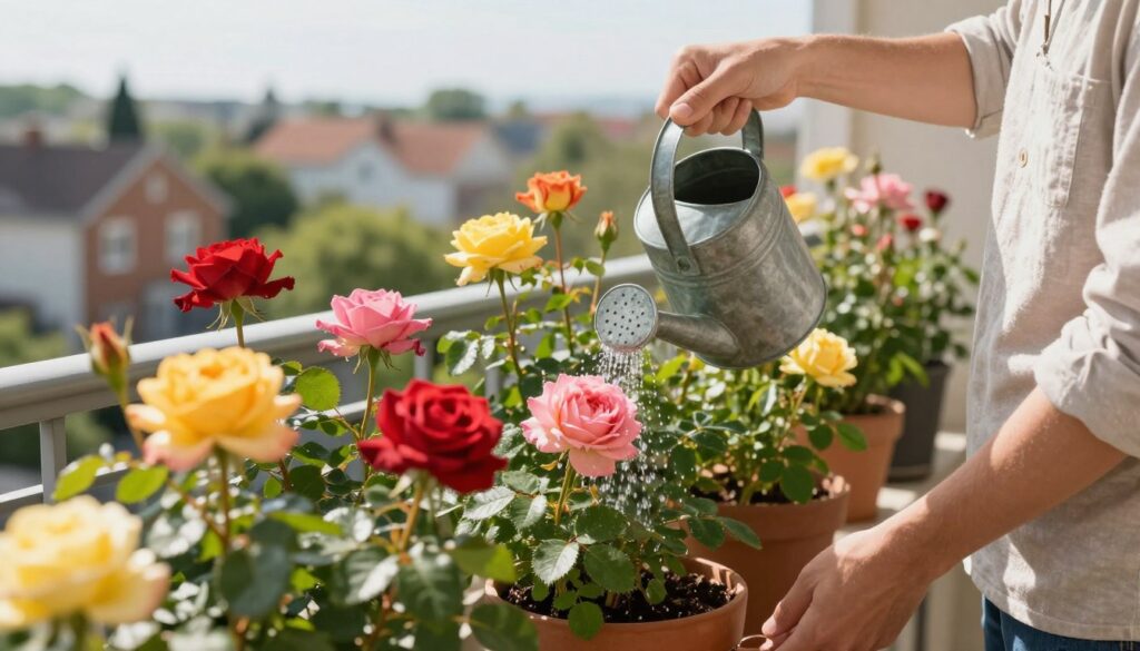 A close-up of a person in modest casual clothing gently watering potted roses on a sunny balcony, surrounded by vibrant green foliage. The foreground features a colorful array of rose blooms in various stages of growth, with rich hues of red, pink, and yellow contrasting against the lush green leaves. The middle ground highlights a watering can delicately pouring water at the base of the plants, capturing droplets sparkling in the sunlight. In the background, there’s a picturesque view of a neighborhood with soft-focus details of distant buildings and trees. The lighting is bright and warm, evoking a serene and nurturing atmosphere, perfect for illustrating key principles of plant care. A close-up of a person in modest casual clothing gently watering potted roses on a sunny balcony, surrounded by vibrant green foliage. The foreground features a colorful array of rose blooms in various stages of growth, with rich hues of red, pink, and yellow contrasting against the lush green leaves. The middle ground highlights a watering can delicately pouring water at the base of the plants, capturing droplets sparkling in the sunlight. In the background, there’s a picturesque view of a neighborhood with soft-focus details of distant buildings and trees. The lighting is bright and warm, evoking a serene and nurturing atmosphere, perfect for illustrating key principles of plant care.
