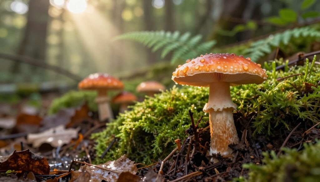 A close-up of a vibrant mleczaj rydz mushroom nestled among a bed of rich, damp forest soil, surrounded by lush green moss and delicate ferns. In the foreground, the mushroom displays its distinctive orange tint and creamy stalk, with dewdrops clinging to its cap. The middle ground features additional mushrooms peeking through a carpet of fallen leaves, evoking a sense of discovery. In the softly blurred background, sunbeams filter through a canopy of trees, creating a warm and inviting atmosphere in the forest. The lighting is soft and natural, evoking early morning or late afternoon, adding a serene and magical quality to the scene. The composition should draw the viewer into the enchanting world of mushrooms in their natural habitat. A close-up of a vibrant mleczaj rydz mushroom nestled among a bed of rich, damp forest soil, surrounded by lush green moss and delicate ferns. In the foreground, the mushroom displays its distinctive orange tint and creamy stalk, with dewdrops clinging to its cap. The middle ground features additional mushrooms peeking through a carpet of fallen leaves, evoking a sense of discovery. In the softly blurred background, sunbeams filter through a canopy of trees, creating a warm and inviting atmosphere in the forest. The lighting is soft and natural, evoking early morning or late afternoon, adding a serene and magical quality to the scene. The composition should draw the viewer into the enchanting world of mushrooms in their natural habitat.