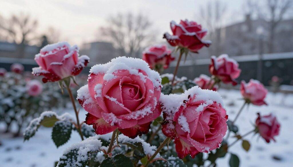 A close-up of blooming roses in winter, dusted with soft snowflakes, showcasing the contrast between vibrant petals and the cold white frost. In the foreground, focus on a few roses with rich red and pink hues, their delicate petals gently encased in glistening ice. The middle ground reveals a garden with more roses, partially covered in snow, hinting at the care they need during the winter months. The background features a blurred, snowy landscape with bare trees under a pale winter sky, diffused natural light casting a serene ambiance. The overall mood is contemplative and tranquil, emphasizing the beauty and resilience of roses in a winter setting. A close-up of blooming roses in winter, dusted with soft snowflakes, showcasing the contrast between vibrant petals and the cold white frost. In the foreground, focus on a few roses with rich red and pink hues, their delicate petals gently encased in glistening ice. The middle ground reveals a garden with more roses, partially covered in snow, hinting at the care they need during the winter months. The background features a blurred, snowy landscape with bare trees under a pale winter sky, diffused natural light casting a serene ambiance. The overall mood is contemplative and tranquil, emphasizing the beauty and resilience of roses in a winter setting.