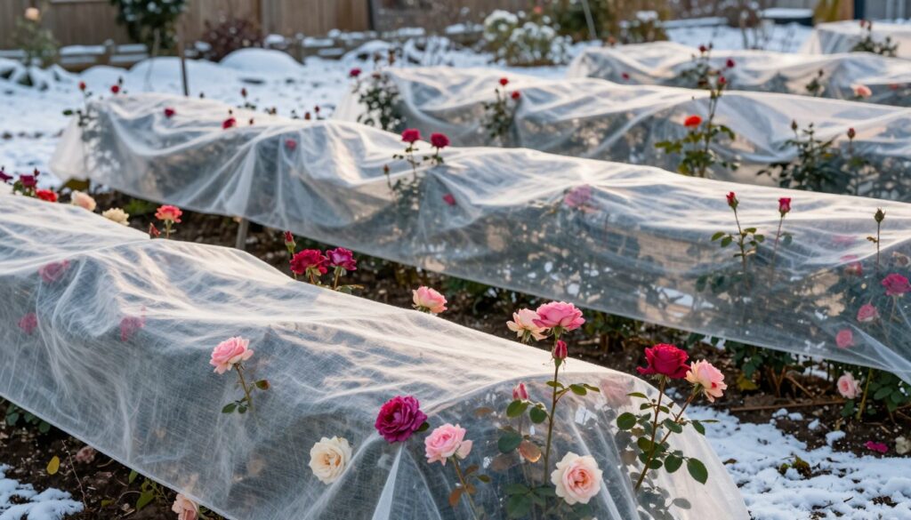 A close-up of rose bushes covered with protective agronomical fabric (agrowłóknina) and protective hoods (kaptury) in a garden setting. The foreground features lush, vibrant rose bushes with various colors, their blooms peeking from beneath the soft, breathable fabric. In the middle ground, the hoods are carefully placed over the trimmed rose plants, showcasing the protective layering against the winter cold. The background includes a tranquil winter landscape with soft snow softly blanketing the ground. The lighting is soft and diffused, suggesting a calm and serene winter afternoon, creating a peaceful atmosphere. The angle is slightly elevated, capturing both the intricate details of the rose plants and the surrounding nature, emphasizing the importance of winter protection. A close-up of rose bushes covered with protective agronomical fabric (agrowłóknina) and protective hoods (kaptury) in a garden setting. The foreground features lush, vibrant rose bushes with various colors, their blooms peeking from beneath the soft, breathable fabric. In the middle ground, the hoods are carefully placed over the trimmed rose plants, showcasing the protective layering against the winter cold. The background includes a tranquil winter landscape with soft snow softly blanketing the ground. The lighting is soft and diffused, suggesting a calm and serene winter afternoon, creating a peaceful atmosphere. The angle is slightly elevated, capturing both the intricate details of the rose plants and the surrounding nature, emphasizing the importance of winter protection.