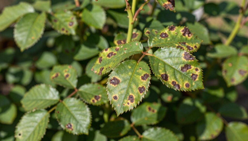 A close-up of rose leaves affected by anthracnose, showcasing rich green foliage with distinct dark-brown spots and holes, indicative of fungal disease. The foreground features several leaves, each displaying a mix of healthy and infected areas, emphasizing the texture and details of the leaf surface. The middle ground includes a blurred backdrop of a lush rose bush, enhancing the focus on the damaged leaves. Soft, natural sunlight filters through the leaves, casting gentle shadows that add depth. The overall atmosphere is informative yet slightly somber, reflecting the impact of plant diseases in a garden setting. The image should be captured with a macro lens, emphasizing the fine details of the leaf structure without any text or annotations. A close-up of rose leaves affected by anthracnose, showcasing rich green foliage with distinct dark-brown spots and holes, indicative of fungal disease. The foreground features several leaves, each displaying a mix of healthy and infected areas, emphasizing the texture and details of the leaf surface. The middle ground includes a blurred backdrop of a lush rose bush, enhancing the focus on the damaged leaves. Soft, natural sunlight filters through the leaves, casting gentle shadows that add depth. The overall atmosphere is informative yet slightly somber, reflecting the impact of plant diseases in a garden setting. The image should be captured with a macro lens, emphasizing the fine details of the leaf structure without any text or annotations.