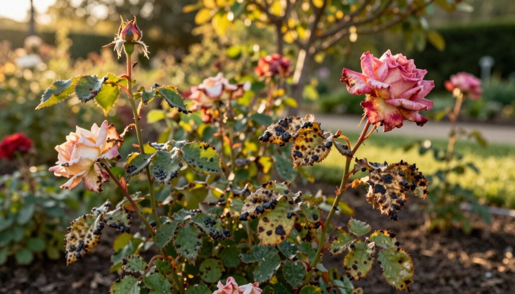 A close-up of roses in a garden, showcasing various signs of disease such as faded leaves, black spots, and wilting petals. The foreground features a cluster of damaged rose plants with a mix of vibrant and subdued colors, emphasizing the impact of their unhealthy condition. In the middle ground, other nearby plants exhibit similar symptoms, hinting at their shared vulnerability to diseases. The background includes a sunny garden scene, slightly blurred to highlight the roses, with warm, golden sunlight filtering through leafy branches, creating a serene yet concerning atmosphere. The composition should be captured from a low angle to enhance the plants’ prominence, with soft shadows adding depth, conveying an urgent need for care and attention. A close-up of roses in a garden, showcasing various signs of disease such as faded leaves, black spots, and wilting petals. The foreground features a cluster of damaged rose plants with a mix of vibrant and subdued colors, emphasizing the impact of their unhealthy condition. In the middle ground, other nearby plants exhibit similar symptoms, hinting at their shared vulnerability to diseases. The background includes a sunny garden scene, slightly blurred to highlight the roses, with warm, golden sunlight filtering through leafy branches, creating a serene yet concerning atmosphere. The composition should be captured from a low angle to enhance the plants’ prominence, with soft shadows adding depth, conveying an urgent need for care and attention.