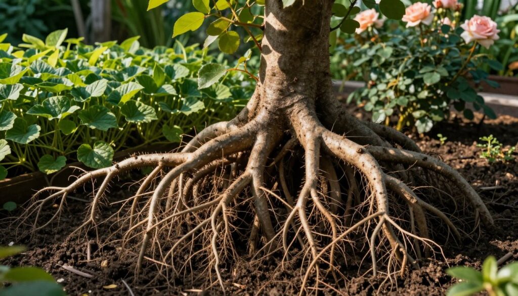 A close-up of the intricate root systems of expansive plants, showcasing their thick, tangled roots spreading through rich, dark soil. In the foreground, emphasize delicate root hairs, with sunlight filtering through leaves casting dappled shadows. In the middle ground, include a variety of vibrant, leafy plants like ground cover and invasive species, demonstrating their aggressive growth patterns. The background should hint at a garden setting, featuring healthy roses in soft focus, illustrating their struggle against the shadow of the invasive plants. The scene is illuminated by warm, natural light, creating a serene yet slightly tense atmosphere. Use a shallow depth of field to draw focus to the roots while keeping the surrounding plants in a gentle blur, enhancing the overall complexity of the ecosystem. A close-up of the intricate root systems of expansive plants, showcasing their thick, tangled roots spreading through rich, dark soil. In the foreground, emphasize delicate root hairs, with sunlight filtering through leaves casting dappled shadows. In the middle ground, include a variety of vibrant, leafy plants like ground cover and invasive species, demonstrating their aggressive growth patterns. The background should hint at a garden setting, featuring healthy roses in soft focus, illustrating their struggle against the shadow of the invasive plants. The scene is illuminated by warm, natural light, creating a serene yet slightly tense atmosphere. Use a shallow depth of field to draw focus to the roots while keeping the surrounding plants in a gentle blur, enhancing the overall complexity of the ecosystem.