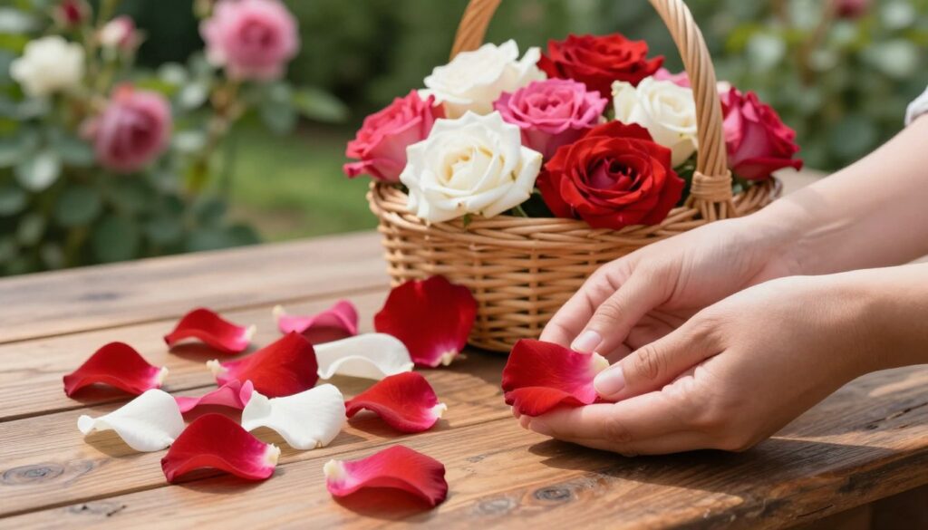 A close-up of vibrant, edible rose petals arranged elegantly on a rustic wooden table, showcasing their vivid colors of red, pink, and white. In the foreground, a pair of clean, hands gently holding a petal, illustrating care and attention to selection. In the middle ground, a softly lit basket filled with freshly picked roses, enhancing the theme of safe consumption. The background features a blurred garden scene, with green foliage and more blooming roses, creating a serene and inviting atmosphere. Natural sunlight filters through, casting warm, soft shadows that add depth. The image evokes a sense of tranquility and safety in foraging, embodying the essence of care in food selection. A close-up of vibrant, edible rose petals arranged elegantly on a rustic wooden table, showcasing their vivid colors of red, pink, and white. In the foreground, a pair of clean, hands gently holding a petal, illustrating care and attention to selection. In the middle ground, a softly lit basket filled with freshly picked roses, enhancing the theme of safe consumption. The background features a blurred garden scene, with green foliage and more blooming roses, creating a serene and inviting atmosphere. Natural sunlight filters through, casting warm, soft shadows that add depth. The image evokes a sense of tranquility and safety in foraging, embodying the essence of care in food selection.
