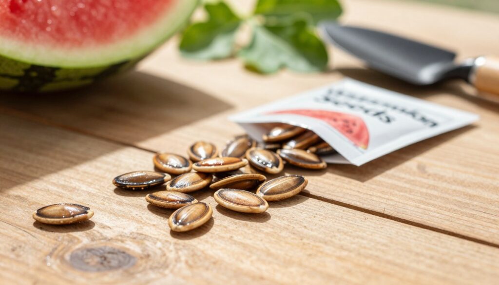 A close-up of watermelon seeds on a wooden table, showcasing their unique, glossy surface. In the foreground, the plump seeds are scattered, glistening softly under warm, natural sunlight, which sharply contrasts with the rustic texture of the wood. The middle ground features a small, open seed packet labeled 'Watermelon Seeds,' with a few seeds spilled out beside it. In the background, the soft-focus outlines of green leaves and a gardening trowel hint at an outdoor gardening setting, enhancing the planting theme. The overall atmosphere is inviting and cheerful, evoking the excitement of starting a new gardening venture. The image is captured from a slightly elevated angle to provide depth and detail, with gentle, diffused lighting to create a warm, homely feel. A close-up of watermelon seeds on a wooden table, showcasing their unique, glossy surface. In the foreground, the plump seeds are scattered, glistening softly under warm, natural sunlight, which sharply contrasts with the rustic texture of the wood. The middle ground features a small, open seed packet labeled 'Watermelon Seeds,' with a few seeds spilled out beside it. In the background, the soft-focus outlines of green leaves and a gardening trowel hint at an outdoor gardening setting, enhancing the planting theme. The overall atmosphere is inviting and cheerful, evoking the excitement of starting a new gardening venture. The image is captured from a slightly elevated angle to provide depth and detail, with gentle, diffused lighting to create a warm, homely feel.