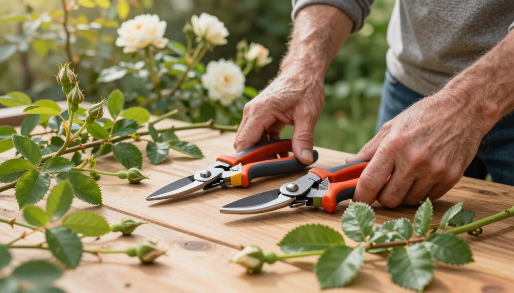 A close-up of well-organized gardening tools for pruning, including sharp secateurs and clean pruning shears, laid out on a wooden workbench. In the foreground, the secateurs gleam in natural light, surrounded by lush green rose stems with healthy buds and leaves. In the middle, a seasoned gardener's hands, dressed in modest casual attire, carefully examine the tools, showcasing attention to detail and technique. The background features a soft-focus view of a blooming climbing rose bush, hinting at the care required for different age plants. Warm sunlight filters through the leaves, creating a serene and inviting atmosphere, emphasizing the importance of proper tool preparation and cutting methods. A close-up of well-organized gardening tools for pruning, including sharp secateurs and clean pruning shears, laid out on a wooden workbench. In the foreground, the secateurs gleam in natural light, surrounded by lush green rose stems with healthy buds and leaves. In the middle, a seasoned gardener's hands, dressed in modest casual attire, carefully examine the tools, showcasing attention to detail and technique. The background features a soft-focus view of a blooming climbing rose bush, hinting at the care required for different age plants. Warm sunlight filters through the leaves, creating a serene and inviting atmosphere, emphasizing the importance of proper tool preparation and cutting methods.