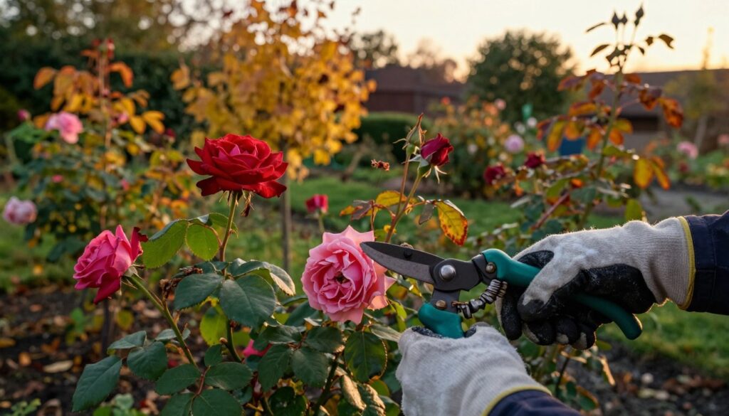 A close-up scene of a gardener carefully pruning rose bushes in autumn. The foreground features a pair of gloved hands holding pruning shears, delicately snipping off wilted rose stems, with a few vibrant red and pink roses still blooming amidst the green leaves. In the middle, the well-groomed rose bushes exhibit a range of autumnal colors, including gold and deep green foliage, showing the transition of the season. The background hints at a soft, golden sunset illuminating the garden, casting warm, gentle light that enhances the cozy yet cautionary atmosphere. The image conveys a sense of tranquility but also highlights the risks of late-season pruning with soft shadows that suggest an underlying tension. A close-up scene of a gardener carefully pruning rose bushes in autumn. The foreground features a pair of gloved hands holding pruning shears, delicately snipping off wilted rose stems, with a few vibrant red and pink roses still blooming amidst the green leaves. In the middle, the well-groomed rose bushes exhibit a range of autumnal colors, including gold and deep green foliage, showing the transition of the season. The background hints at a soft, golden sunset illuminating the garden, casting warm, gentle light that enhances the cozy yet cautionary atmosphere. The image conveys a sense of tranquility but also highlights the risks of late-season pruning with soft shadows that suggest an underlying tension.