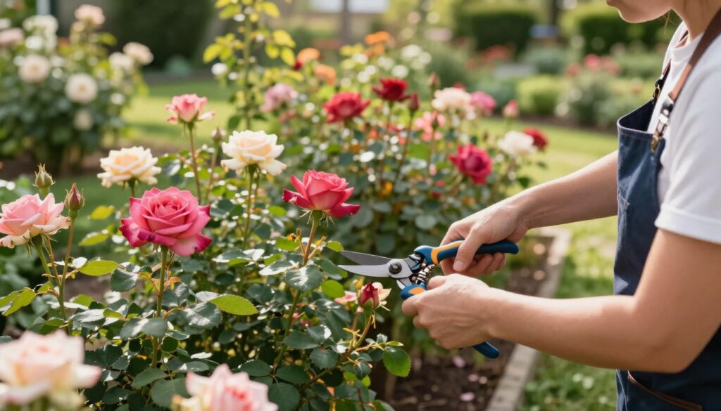 A close-up scene of a gardener in professional attire preparing for rose pruning. In the foreground, the gardener carefully selects sharp pruning shears, surrounded by vibrant, blooming rose bushes with lush green foliage. The middle ground features an array of rose plants, showcasing different colors and varieties, ready for trimming. The background is a sunny, tranquil garden, with soft sunlight filtering through the leaves, casting gentle shadows and creating a peaceful atmosphere. The overall mood is one of dedication and care, emphasizing the skilled preparation required for healthy rose pruning. The image should have natural lighting to capture the vivid colors of the roses and the serene setting, shot from a slightly elevated angle to provide depth. A close-up scene of a gardener in professional attire preparing for rose pruning. In the foreground, the gardener carefully selects sharp pruning shears, surrounded by vibrant, blooming rose bushes with lush green foliage. The middle ground features an array of rose plants, showcasing different colors and varieties, ready for trimming. The background is a sunny, tranquil garden, with soft sunlight filtering through the leaves, casting gentle shadows and creating a peaceful atmosphere. The overall mood is one of dedication and care, emphasizing the skilled preparation required for healthy rose pruning. The image should have natural lighting to capture the vivid colors of the roses and the serene setting, shot from a slightly elevated angle to provide depth.