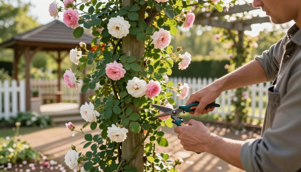 A close-up scene of a gardener trimming climbing roses near a pergola, with lush green foliage and delicate pink and white blooms prominently displayed. The foreground features the gardener, dressed in modest casual clothing, carefully pruning the rose stems with sharp shears, surrounded by fallen petals. In the middle, the pergola is draped with intertwined climbing roses, casting gentle shadows on the ground below. The background reveals a serene garden setting with a white picket fence and a quaint wooden gazebo, bathed in warm, golden sunlight. The scene conveys a peaceful, nurturing atmosphere, highlighting the beauty of the garden while focusing on the precise technique of rose pruning. Ensure clear depth of field and soft bokeh effect in the background. A close-up scene of a gardener trimming climbing roses near a pergola, with lush green foliage and delicate pink and white blooms prominently displayed. The foreground features the gardener, dressed in modest casual clothing, carefully pruning the rose stems with sharp shears, surrounded by fallen petals. In the middle, the pergola is draped with intertwined climbing roses, casting gentle shadows on the ground below. The background reveals a serene garden setting with a white picket fence and a quaint wooden gazebo, bathed in warm, golden sunlight. The scene conveys a peaceful, nurturing atmosphere, highlighting the beauty of the garden while focusing on the precise technique of rose pruning. Ensure clear depth of field and soft bokeh effect in the background.