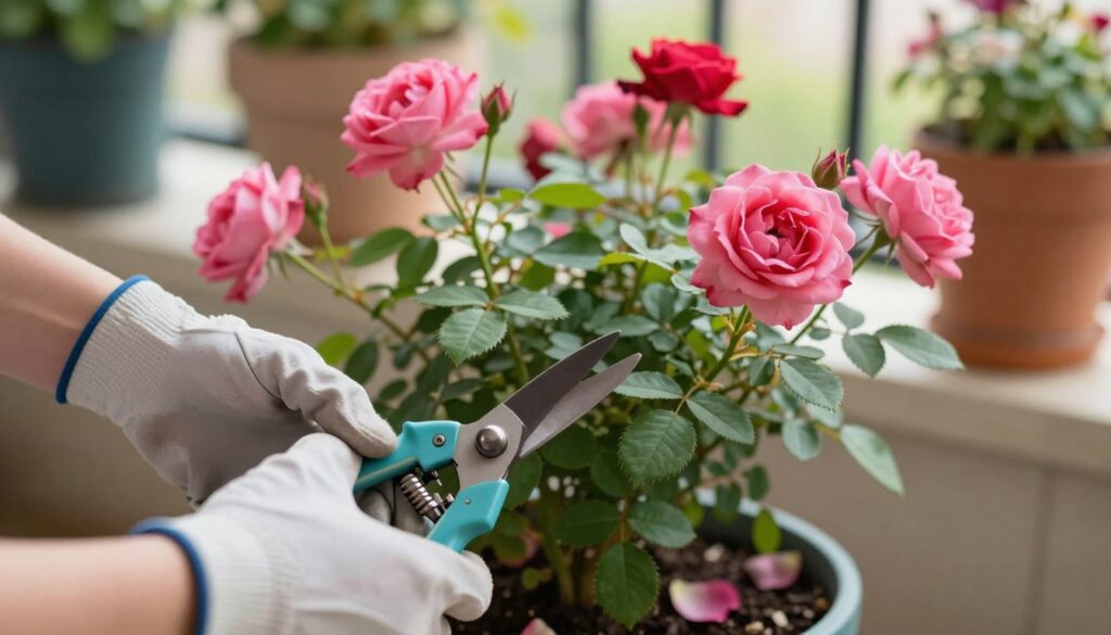 A close-up scene of a person gently pruning a rose bush, showcasing vivid pink and red blossoms. The foreground features the person's hands, wearing modest gardening gloves, delicately holding pruning shears, with green leaves and rose petals scattered nearby. In the middle ground, the rose bush is lush and healthy, displaying well-maintained foliage, while the pruned stems stand out clearly. The background captures a cozy balcony setting with flower pots and soft sunlight filtering through, creating a warm, inviting atmosphere. The lighting is soft and natural, enhancing the colors of the roses, with a shallow depth of field to focus on the pruning action. This scene evokes a sense of care and nurturing in gardening. A close-up scene of a person gently pruning a rose bush, showcasing vivid pink and red blossoms. The foreground features the person's hands, wearing modest gardening gloves, delicately holding pruning shears, with green leaves and rose petals scattered nearby. In the middle ground, the rose bush is lush and healthy, displaying well-maintained foliage, while the pruned stems stand out clearly. The background captures a cozy balcony setting with flower pots and soft sunlight filtering through, creating a warm, inviting atmosphere. The lighting is soft and natural, enhancing the colors of the roses, with a shallow depth of field to focus on the pruning action. This scene evokes a sense of care and nurturing in gardening.