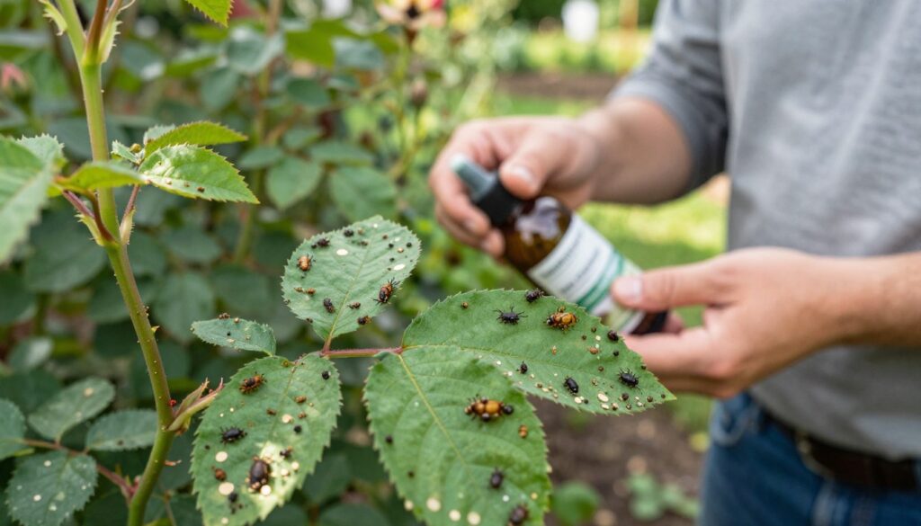 A close-up shot of green plant leaves infested with various pests such as aphids and spider mites, emphasizing the damage to the leaf structure. In the foreground, focus on a few leaves with pests clearly visible, showcasing intricate details of the insects. In the middle ground, include a hand holding a natural pesticide bottle, demonstrating a person using eco-friendly methods for pest control, dressed in modest gardening attire. In the background, a garden scene with rose bushes can be seen, under soft natural sunlight filtering through the leaves, creating a calm and hopeful atmosphere as the person works diligently to protect their plants. The composition should emphasize the balance between nature and the effort to maintain plant health. A close-up shot of green plant leaves infested with various pests such as aphids and spider mites, emphasizing the damage to the leaf structure. In the foreground, focus on a few leaves with pests clearly visible, showcasing intricate details of the insects. In the middle ground, include a hand holding a natural pesticide bottle, demonstrating a person using eco-friendly methods for pest control, dressed in modest gardening attire. In the background, a garden scene with rose bushes can be seen, under soft natural sunlight filtering through the leaves, creating a calm and hopeful atmosphere as the person works diligently to protect their plants. The composition should emphasize the balance between nature and the effort to maintain plant health.
