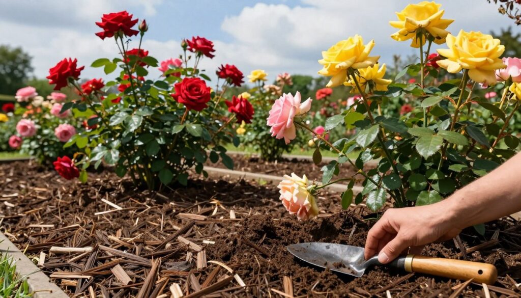 A close-up view of a beautifully mulched rose garden, showcasing rich, dark brown bark mulch surrounding vibrant, blooming rose bushes in various colors such as deep red, soft pink, and sunny yellow. The foreground features a hand gently nurturing the soil, with a small garden trowel resting beside it. In the middle ground, healthy green foliage contrasts against the mulch, demonstrating effective soil care. The background includes a sunny sky with a few fluffy clouds, casting gentle natural light over the scene. The atmosphere conveys a sense of peace and dedication to gardening, inviting viewers to appreciate the beauty and importance of mulching for rose care.