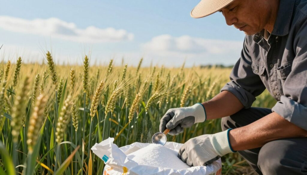 A close-up view of a farmer in professional attire, wearing gloves and a wide-brimmed hat, carefully applying sulfur fertilizer to a field of golden wheat. In the foreground, there are bags of sulfur and a measuring tool, emphasizing the practice of precision in agricultural techniques. The middle ground showcases the lush green wheat plants swaying gently in the breeze, glistening under the warm afternoon sunlight. The background features a clear blue sky with a few fluffy clouds, creating a serene and productive farming atmosphere. Soft shadows cast by the sunlight add depth to the scene, highlighting the farmer’s diligent work and connection to the land. The overall mood is one of dedication and care for crop quality. A close-up view of a farmer in professional attire, wearing gloves and a wide-brimmed hat, carefully applying sulfur fertilizer to a field of golden wheat. In the foreground, there are bags of sulfur and a measuring tool, emphasizing the practice of precision in agricultural techniques. The middle ground showcases the lush green wheat plants swaying gently in the breeze, glistening under the warm afternoon sunlight. The background features a clear blue sky with a few fluffy clouds, creating a serene and productive farming atmosphere. Soft shadows cast by the sunlight add depth to the scene, highlighting the farmer’s diligent work and connection to the land. The overall mood is one of dedication and care for crop quality.