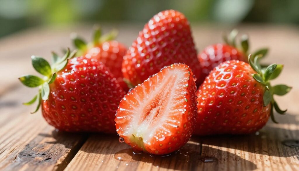 A close-up view of a fresh, vibrant strawberry, sliced in half to reveal its juicy interior. The foreground features glistening droplets of water on the surface of the strawberry, showcasing its freshness. In the middle ground, an arrangement of whole strawberries surrounds the sliced fruit, emphasizing their rich red hue and green leafy tops. The background is softly blurred out, depicting a rustic wooden table with a hint of greenery, creating a natural, inviting atmosphere. Golden sunlight filters through, casting gentle shadows and highlighting the strawberries' texture. The overall mood is cheerful and health-conscious, encapsulating the essence of nutritious fruits. The image should be crisp and well-composed, capturing the beauty and health benefits of strawberries without any text or overlays. A close-up view of a fresh, vibrant strawberry, sliced in half to reveal its juicy interior. The foreground features glistening droplets of water on the surface of the strawberry, showcasing its freshness. In the middle ground, an arrangement of whole strawberries surrounds the sliced fruit, emphasizing their rich red hue and green leafy tops. The background is softly blurred out, depicting a rustic wooden table with a hint of greenery, creating a natural, inviting atmosphere. Golden sunlight filters through, casting gentle shadows and highlighting the strawberries' texture. The overall mood is cheerful and health-conscious, encapsulating the essence of nutritious fruits. The image should be crisp and well-composed, capturing the beauty and health benefits of strawberries without any text or overlays.