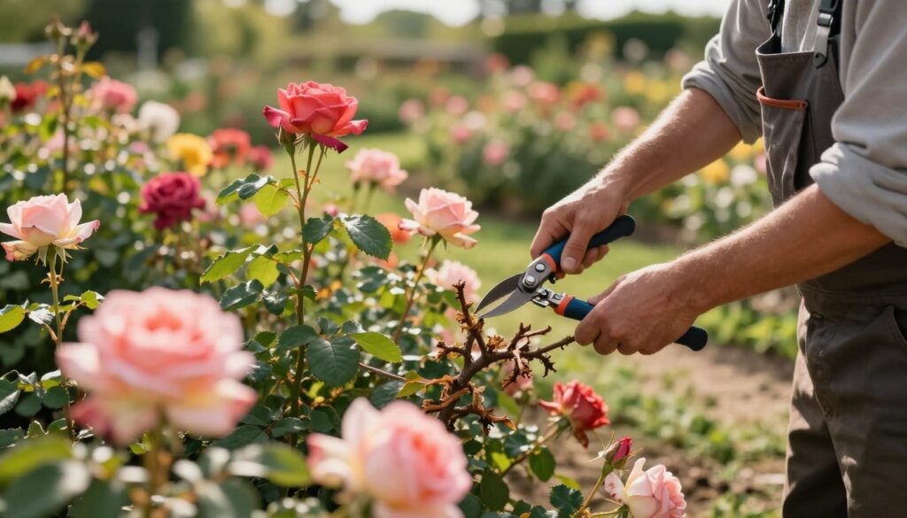 A close-up view of a gardener carefully pruning vibrant, healthy roses, showcasing their lush green leaves and colorful blooms. The gardener, dressed in modest work attire, focuses on removing dead or overgrown branches with precision. In the background, a beautifully landscaped rose garden is visible, bathed in warm, natural light of a sunny afternoon. Soft bokeh highlights the foreground, emphasizing the delicate petals of the roses while maintaining a tranquil and serene atmosphere. The composition captures both the technique of pruning and the beauty of the flourishing roses, with a shallow depth of field to create a professional, inviting ambiance. A close-up view of a gardener carefully pruning vibrant, healthy roses, showcasing their lush green leaves and colorful blooms. The gardener, dressed in modest work attire, focuses on removing dead or overgrown branches with precision. In the background, a beautifully landscaped rose garden is visible, bathed in warm, natural light of a sunny afternoon. Soft bokeh highlights the foreground, emphasizing the delicate petals of the roses while maintaining a tranquil and serene atmosphere. The composition captures both the technique of pruning and the beauty of the flourishing roses, with a shallow depth of field to create a professional, inviting ambiance.