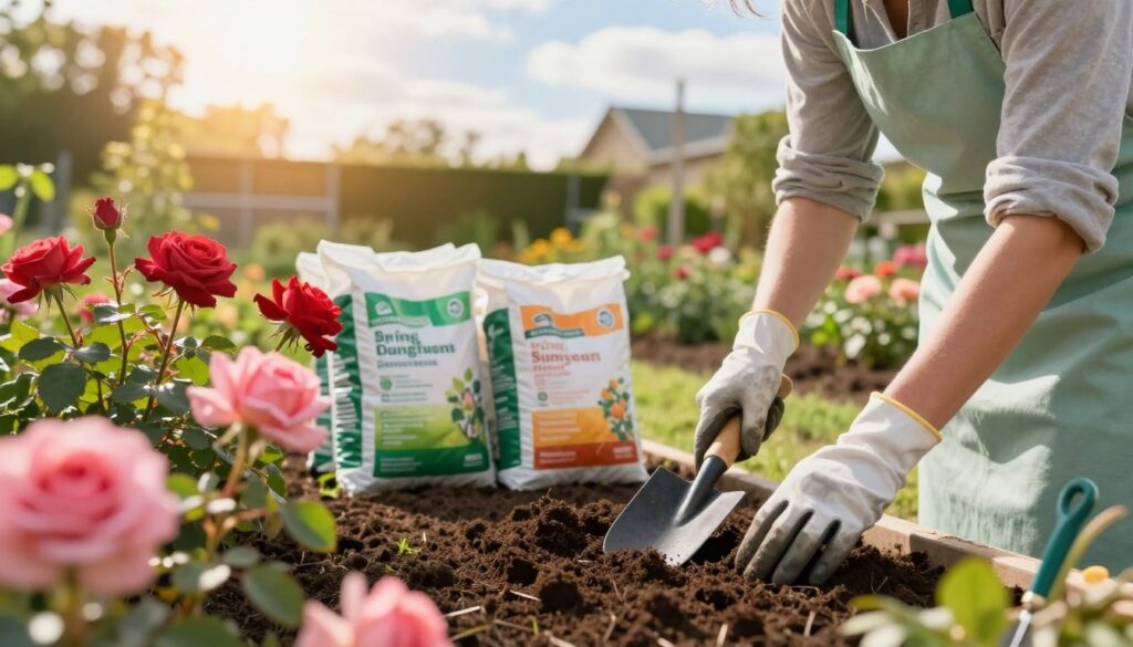 A close-up view of a gardener in a sunlit garden, examining rich soil with a trowel. The foreground features vibrant rose bushes adorned with blooming flowers in various shades of red and pink. The gardener, dressed in a light green apron and gloves, thoughtfully tests the soil’s moisture and texture. In the middle background, bags of organic fertilizers are neatly arranged, labeled for spring, summer, and fall. The soft, golden sunlight filters through wispy clouds, creating a warm and inviting atmosphere. A hint of greenery and other gardening tools can be seen in the blurred background, suggesting an organized and well-cared-for setting. The overall mood is serene, encouraging a sense of care for nature and gardening practices.