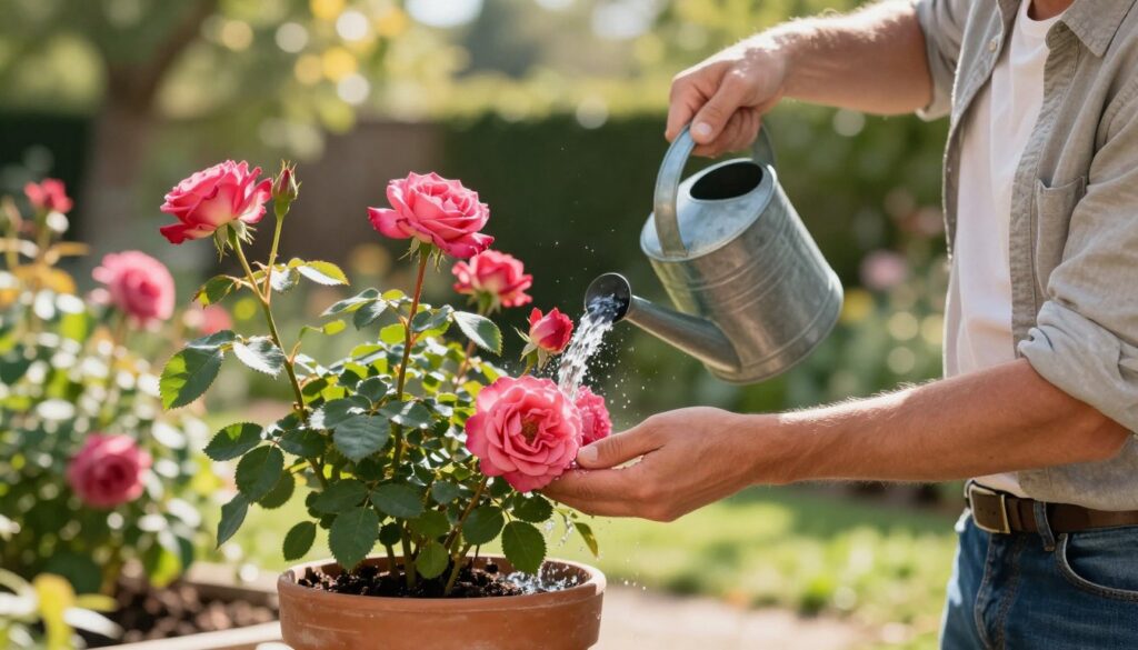 A close-up view of a gardener nurturing a vibrant rose plant in a terracotta pot, showcasing the essential process of fertilizing and watering. The gardener, dressed in modest casual clothing, gently pours water from a stylish watering can, highlighting the delicate petals and lush green leaves of the roses. The background features a sunny garden scene with dappled sunlight filtering through nearby trees, creating a warm and inviting atmosphere. The image captures the rich colors of the roses, emphasizing their health and vitality, while the gardener’s focused expression conveys care and dedication. The overall mood is serene and nurturing, perfect for illustrating effective rose care techniques. A close-up view of a gardener nurturing a vibrant rose plant in a terracotta pot, showcasing the essential process of fertilizing and watering. The gardener, dressed in modest casual clothing, gently pours water from a stylish watering can, highlighting the delicate petals and lush green leaves of the roses. The background features a sunny garden scene with dappled sunlight filtering through nearby trees, creating a warm and inviting atmosphere. The image captures the rich colors of the roses, emphasizing their health and vitality, while the gardener’s focused expression conveys care and dedication. The overall mood is serene and nurturing, perfect for illustrating effective rose care techniques.