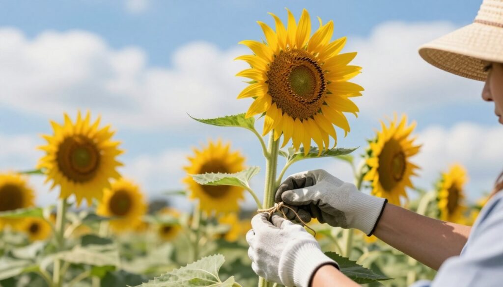 A close-up view of a gardener wearing a sun hat and gloves, carefully securing the tall, vibrant green stems of sunflowers with soft twine to prevent them from swaying in the wind. The foreground features the gardener’s hands tying knots, showcasing the intricate details of the twine and the strong sunflower stems. In the middle ground, several sunflowers tower gracefully, their large, golden-yellow blooms facing the sun, with a few leaves fluttering slightly in a gentle breeze. The background is a bright blue sky with fluffy white clouds, creating a cheerful atmosphere. The image is lit with soft, natural sunlight, emphasizing the vivid colors and the gardener’s dedicated work in a bokeh effect. A close-up view of a gardener wearing a sun hat and gloves, carefully securing the tall, vibrant green stems of sunflowers with soft twine to prevent them from swaying in the wind. The foreground features the gardener’s hands tying knots, showcasing the intricate details of the twine and the strong sunflower stems. In the middle ground, several sunflowers tower gracefully, their large, golden-yellow blooms facing the sun, with a few leaves fluttering slightly in a gentle breeze. The background is a bright blue sky with fluffy white clouds, creating a cheerful atmosphere. The image is lit with soft, natural sunlight, emphasizing the vivid colors and the gardener’s dedicated work in a bokeh effect.