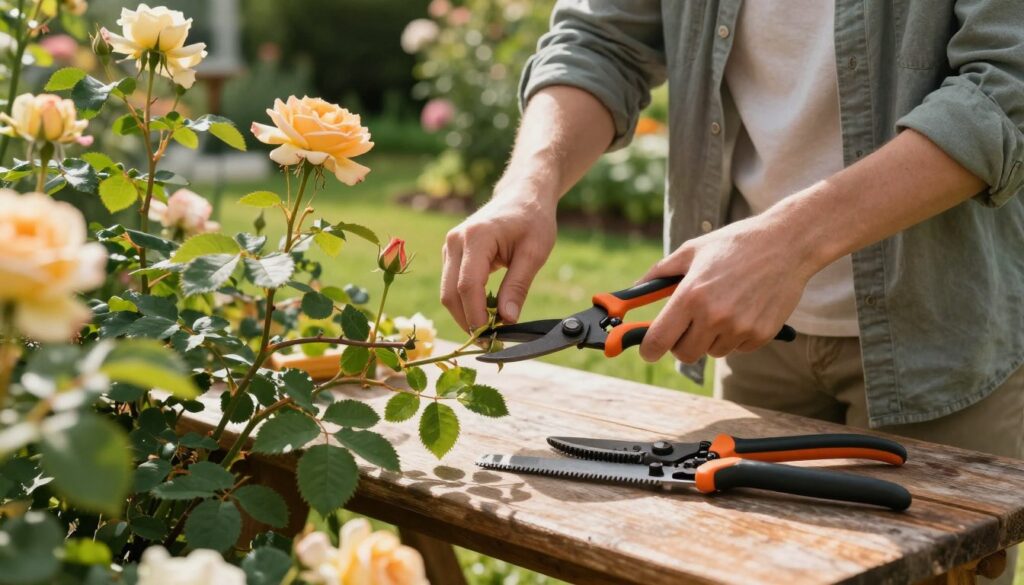 A close-up view of a person in modest casual clothing carefully pruning climbing rose stems in a sunlit garden. The foreground features lush green leaves and vibrant roses, some in full bloom, while the middle ground highlights a pair of sharp gardening shears and a small pruning saw resting on a rustic wooden table. The background shows a tranquil garden with soft-focus rose bushes and blooming flowers. The lighting is warm and natural, casting gentle shadows that enhance the texture of the petals and foliage. The atmosphere is serene and focused, illustrating the technique of pruning with precision while emphasizing the beauty of the garden environment. A close-up view of a person in modest casual clothing carefully pruning climbing rose stems in a sunlit garden. The foreground features lush green leaves and vibrant roses, some in full bloom, while the middle ground highlights a pair of sharp gardening shears and a small pruning saw resting on a rustic wooden table. The background shows a tranquil garden with soft-focus rose bushes and blooming flowers. The lighting is warm and natural, casting gentle shadows that enhance the texture of the petals and foliage. The atmosphere is serene and focused, illustrating the technique of pruning with precision while emphasizing the beauty of the garden environment.