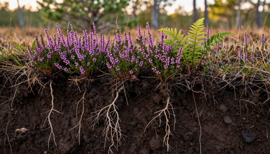 A close-up view of a rich, dark peat soil, showcasing its texture and moisture content. In the foreground, delicate roots of plants entwine within the soil, emphasizing their connection to the nutrient-rich environment. The middle ground reveals clusters of vibrant, acid-loving plants such as heathers and ferns thriving amidst the peat. In the background, a blurred landscape of a bog or marsh can be seen, with soft, diffused sunlight filtering through the trees, creating a serene and natural atmosphere. The overall mood is one of tranquility and richness, highlighting the importance of peat soil in supporting diverse plant life. The lighting is warm and natural, enhancing the earthy tones and textures. A close-up view of a rich, dark peat soil, showcasing its texture and moisture content. In the foreground, delicate roots of plants entwine within the soil, emphasizing their connection to the nutrient-rich environment. The middle ground reveals clusters of vibrant, acid-loving plants such as heathers and ferns thriving amidst the peat. In the background, a blurred landscape of a bog or marsh can be seen, with soft, diffused sunlight filtering through the trees, creating a serene and natural atmosphere. The overall mood is one of tranquility and richness, highlighting the importance of peat soil in supporting diverse plant life. The lighting is warm and natural, enhancing the earthy tones and textures.