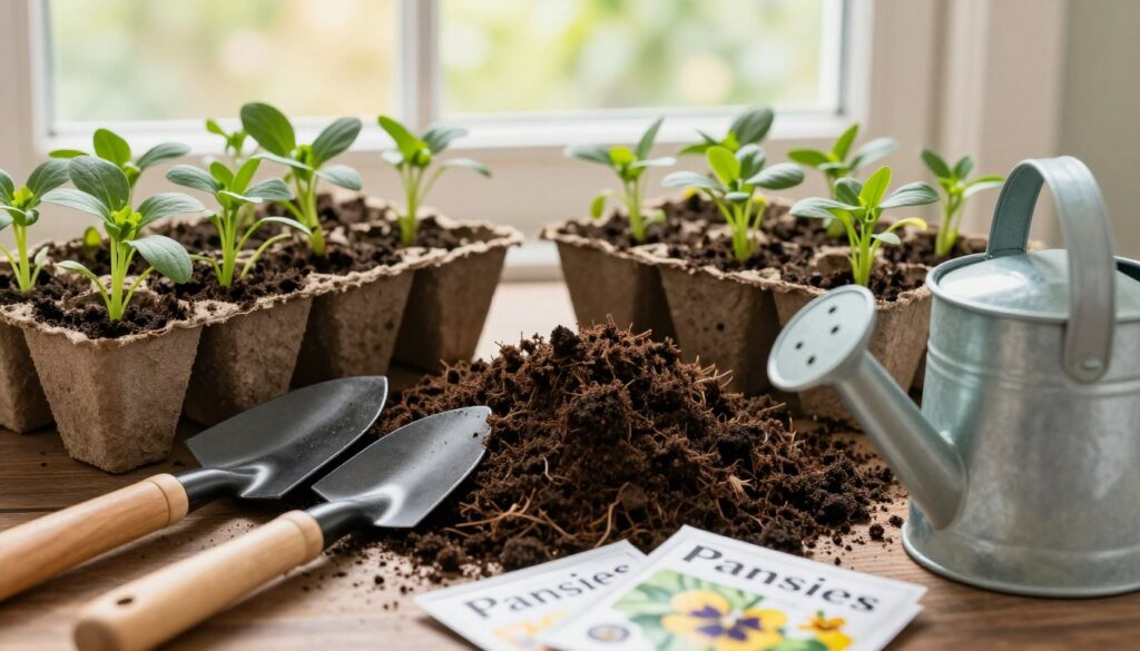 A close-up view of a rich, dark potting mix prepared for planting pansies, showcasing its texture and moisture. In the foreground, various gardening tools are arranged neatly, including a small trowel, a watering can, and seed packets labeled 'Pansies'. In the middle ground, the potting mix is shown being filled into biodegradable seed trays, while some freshly sprouted pansy seedlings peek out. The background features a sunlit window with soft, natural light filtering through, creating a warm and inviting atmosphere. The overall mood is one of anticipation and care, reflecting the preparation for early seedlings in a home gardening setting. The image should be bright and colorful, emphasizing the lushness of the soil and the vibrancy of the plants without any text or overlays. A close-up view of a rich, dark potting mix prepared for planting pansies, showcasing its texture and moisture. In the foreground, various gardening tools are arranged neatly, including a small trowel, a watering can, and seed packets labeled 'Pansies'. In the middle ground, the potting mix is shown being filled into biodegradable seed trays, while some freshly sprouted pansy seedlings peek out. The background features a sunlit window with soft, natural light filtering through, creating a warm and inviting atmosphere. The overall mood is one of anticipation and care, reflecting the preparation for early seedlings in a home gardening setting. The image should be bright and colorful, emphasizing the lushness of the soil and the vibrancy of the plants without any text or overlays.